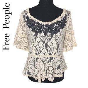***FINAL MARK DOWN***Free People cream lace top with black embellishment